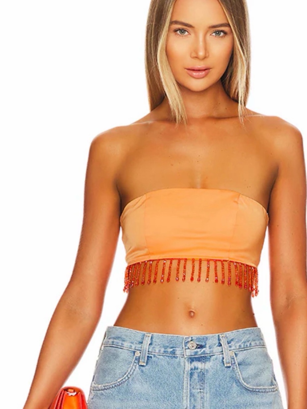 superdown Orange Strapless Beaded Fringe Satin Crop Top